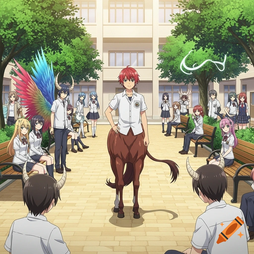 A red-haired centaur boy stands in a school courtyard with diverse anime-style friends who have wings, horns, and tails.