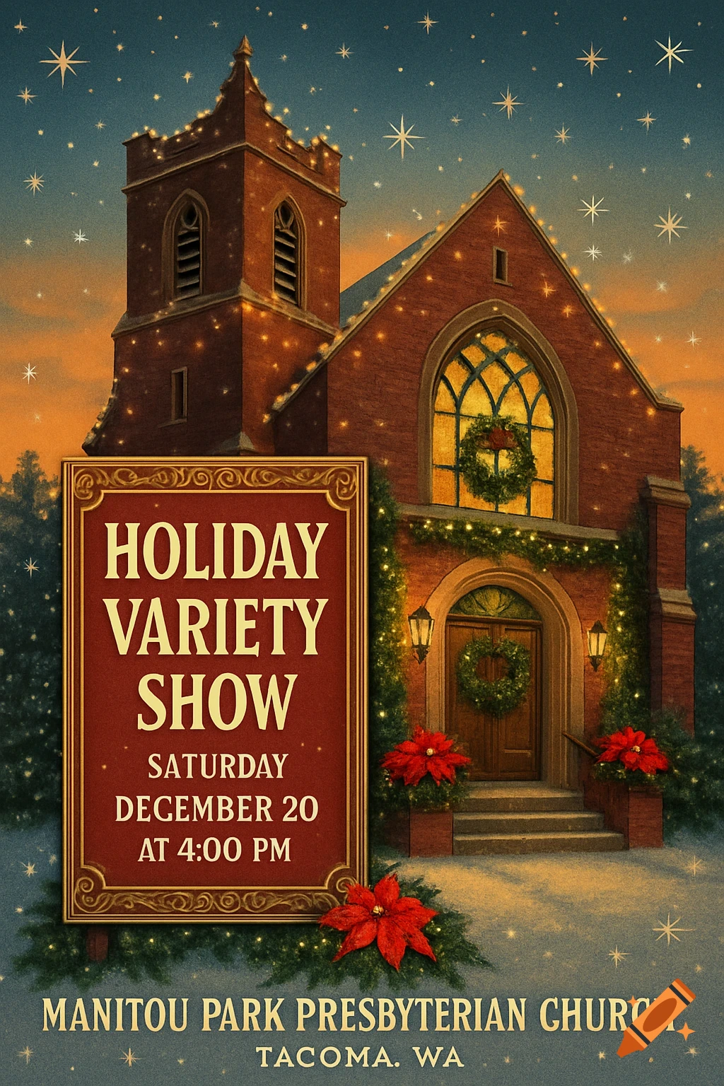 Vintage holiday flyer for a variety show at a snow-covered church adorned with Christmas lights and poinsettias under a starry evening sky.
