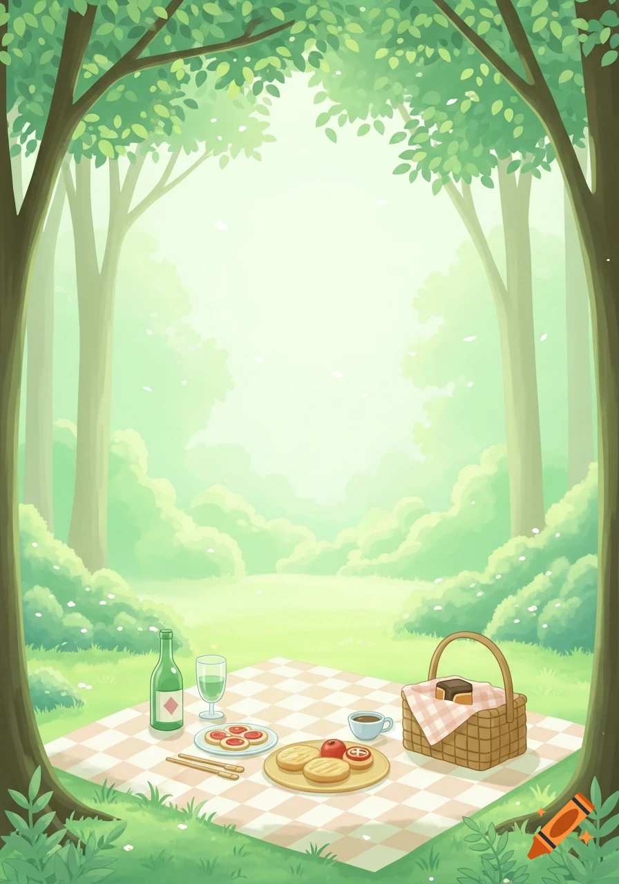 Pastel anime illustration of a serene picnic with a checkered blanket, food, and a basket in a bright forest clearing.