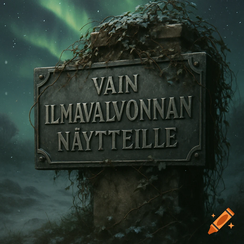 A weathered metal sign on a stone pillar, covered in ivy, reads 'VAIN ILMAVALVONNAN NÄYTTEILLE,' under green aurora in a dark sky.