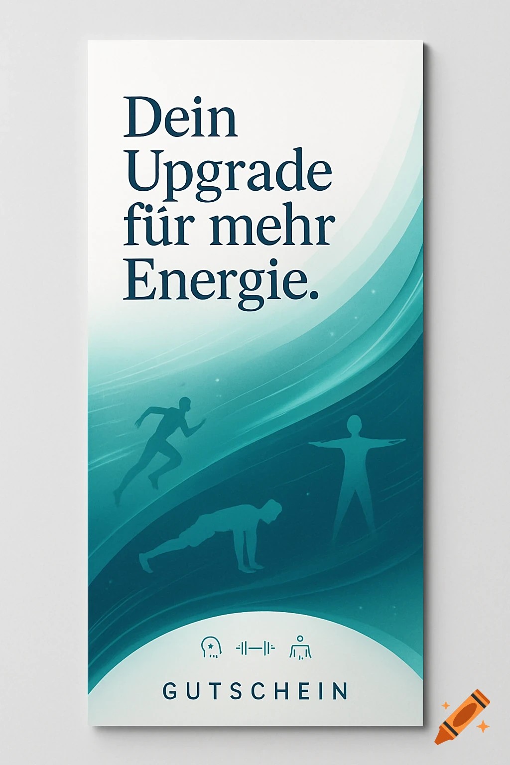 A vertical white and teal voucher card with 'Dein Upgrade für mehr Energie.' and abstract silhouettes of people exercising.