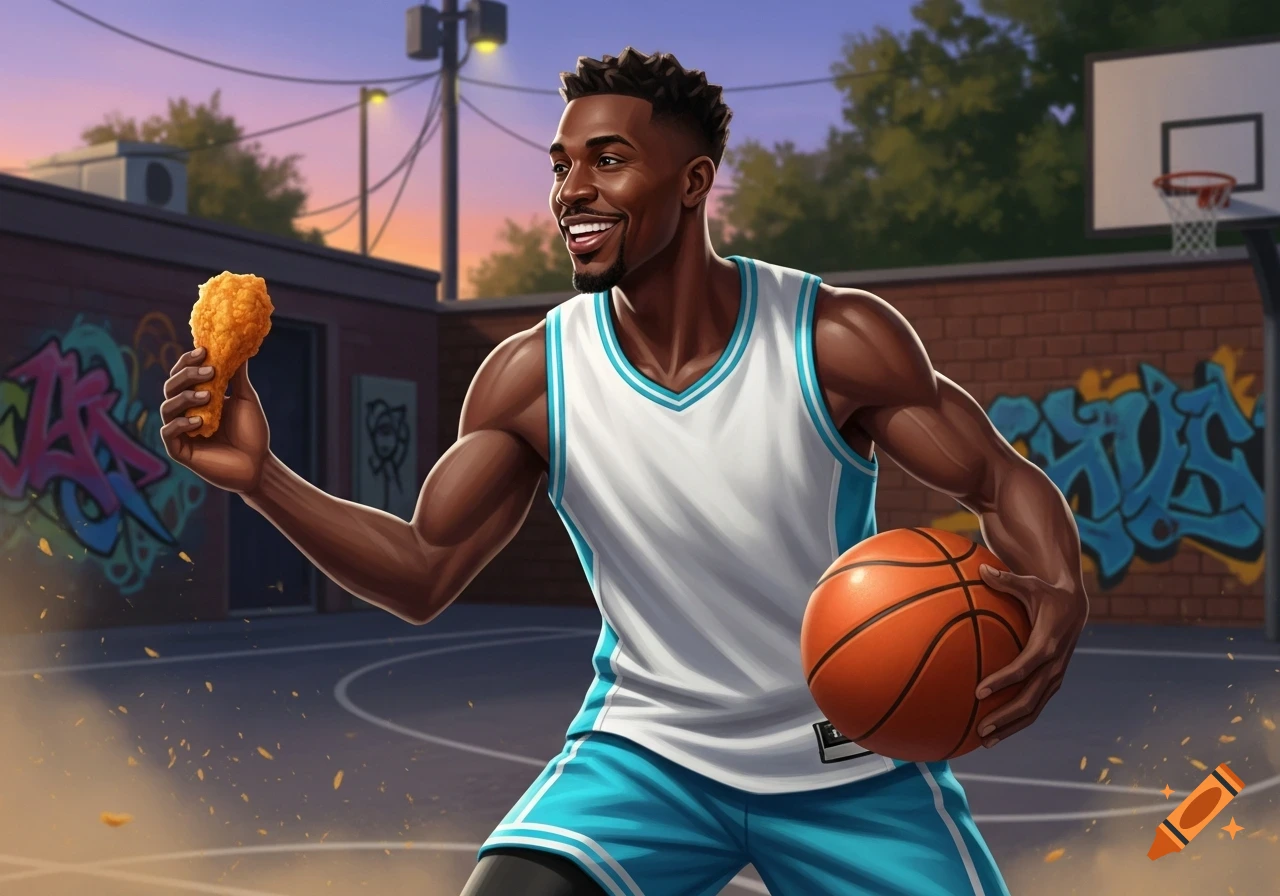 Smiling Black man in basketball uniform holding a basketball and a fried chicken leg on an outdoor court. Stylized illustration.
