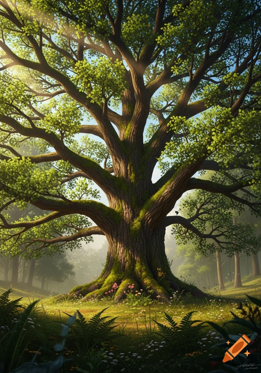 A majestic, ancient oak tree with thick branches and vibrant green leaves stands in a sunlit forest, surrounded by wildflowers and ferns.