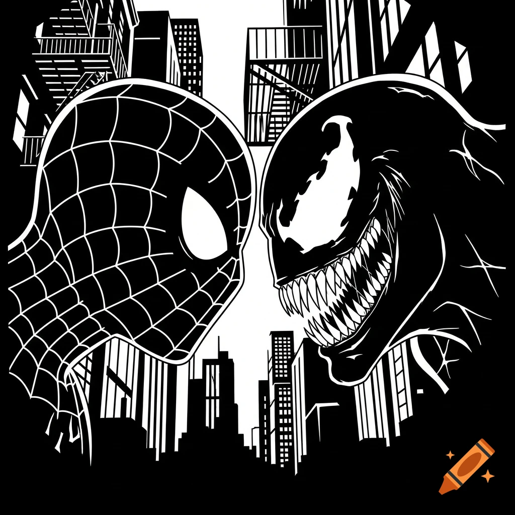 Black and white illustration of Spider-Man and Venom facing off, with a city skyline in the background, in a stencil silhouette style.