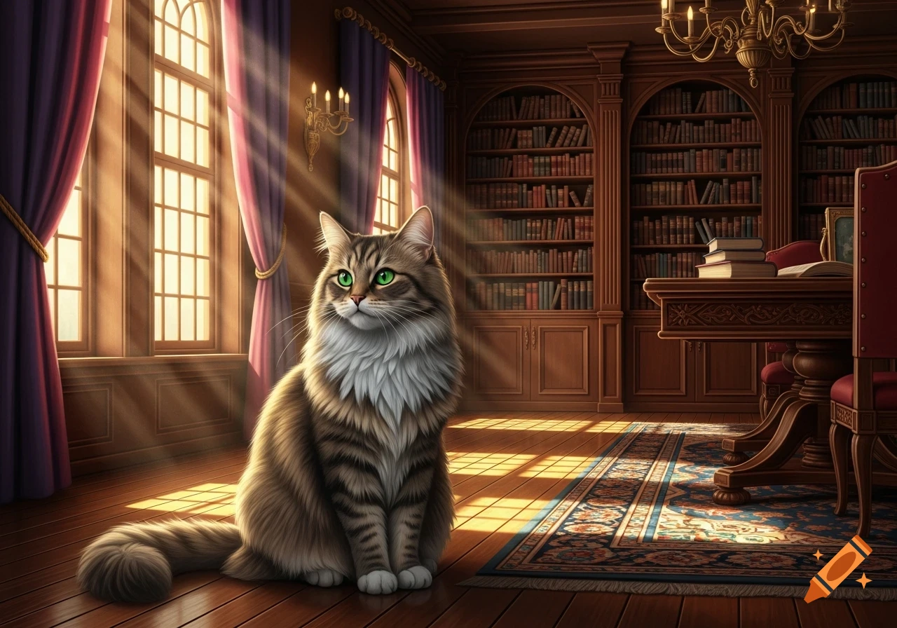 A fluffy brown and white cat with bright green eyes sits on a polished wooden floor in a grand library, sunbeams streaming through tall windows.