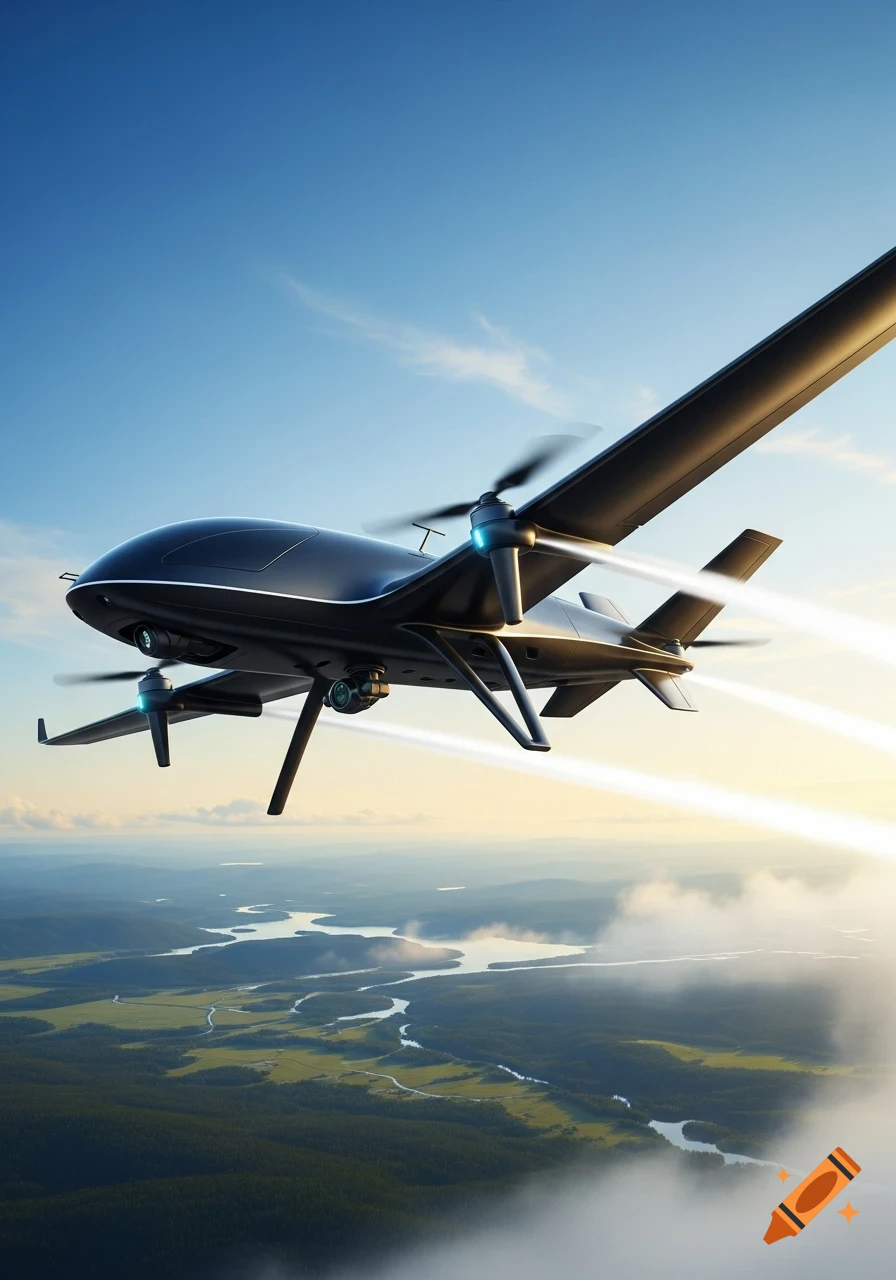 A sleek black drone with propellers flies over a green forest landscape and winding rivers under a blue sky.