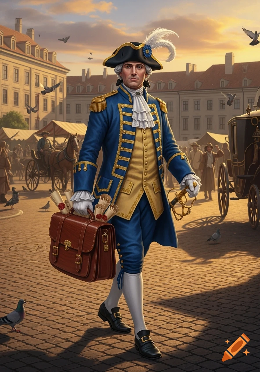 A man in a blue and gold 18th-century uniform walks through a cobblestone city square at sunset, carrying a briefcase with scrolls and a sword.
