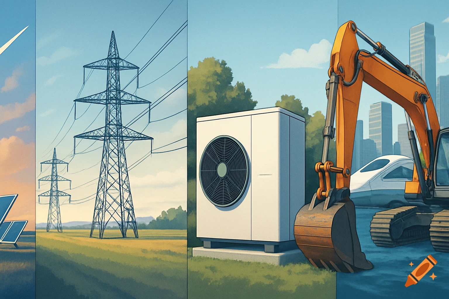 An illustrative panorama depicting a wind turbine and solar panels, power lines, a heat pump, an excavator, and a train in front of a cityscape, divided into four sections.