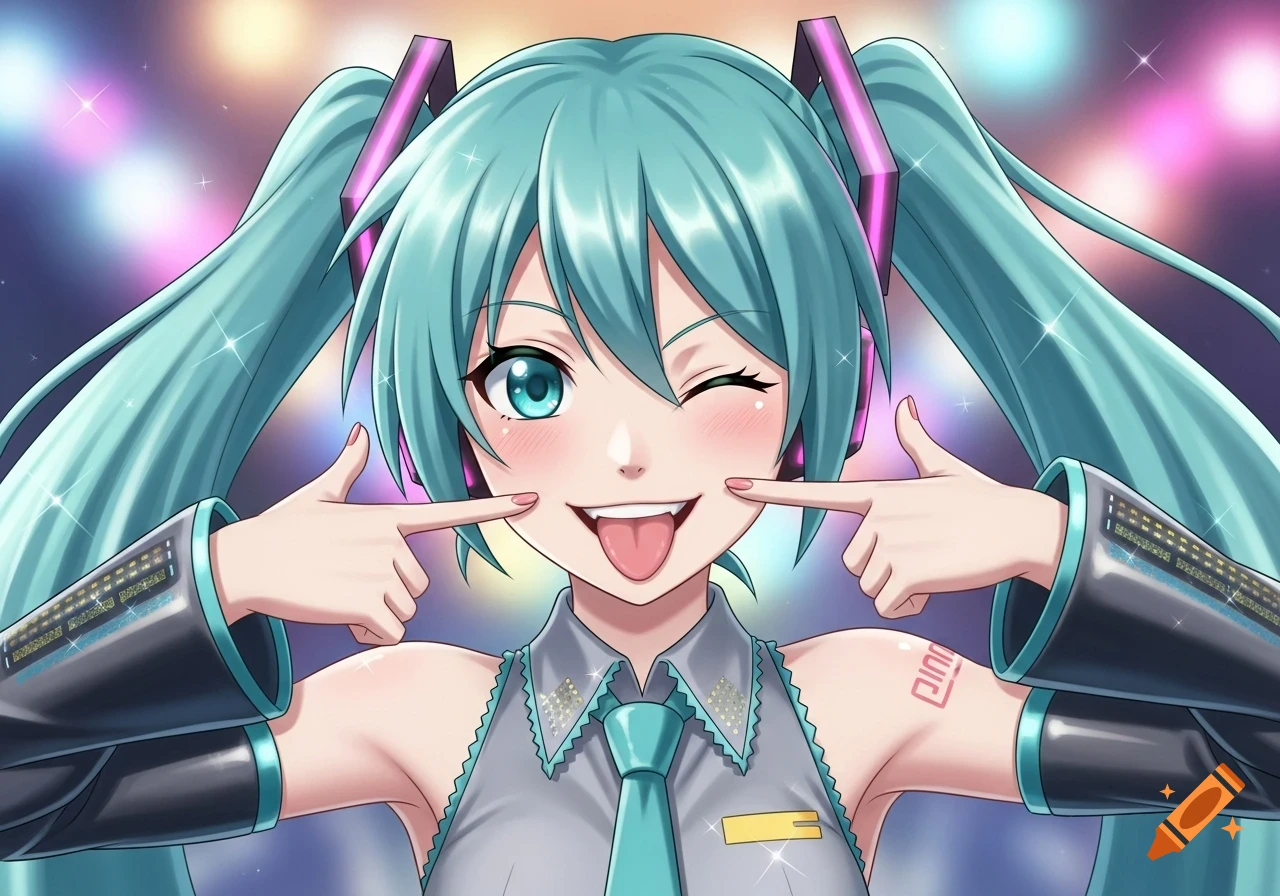 Hatsune Miku winks and sticks out her tongue, pulling her cheeks with her pointer fingers against a blurry, colorful stage lights background.