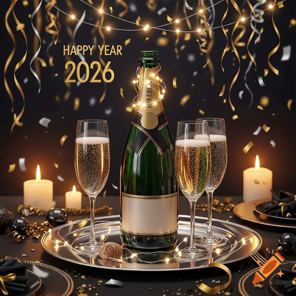 A festive New Year's scene with a champagne bottle, two glasses of sparkling wine, candles, and confetti. Text: 'HAPPY YEAR 2026'.