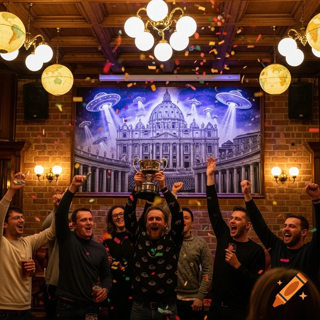 A group of people cheer and raise a trophy in a pub with confetti falling, a painting of Vatican City with UFOs behind them.