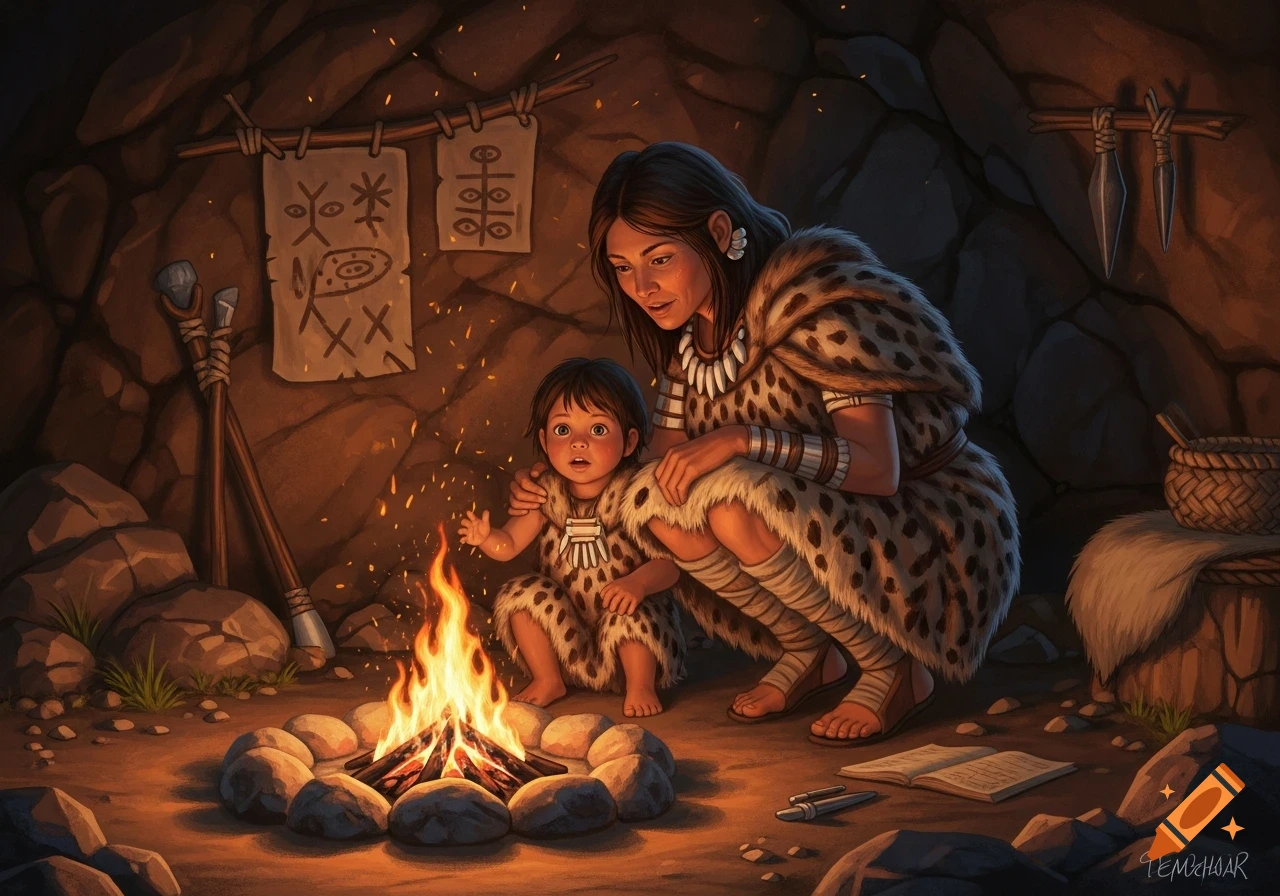 A Stone Age mother and child in animal skins sit by a fire in a cave, with cave drawings on the wall, in an illustration style.