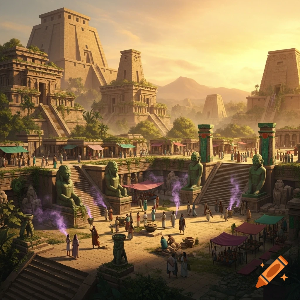 A detailed panoramic view of a bustling ancient civilization city at sunset, with grand pyramids, temples, and large statues emitting purple smoke.
