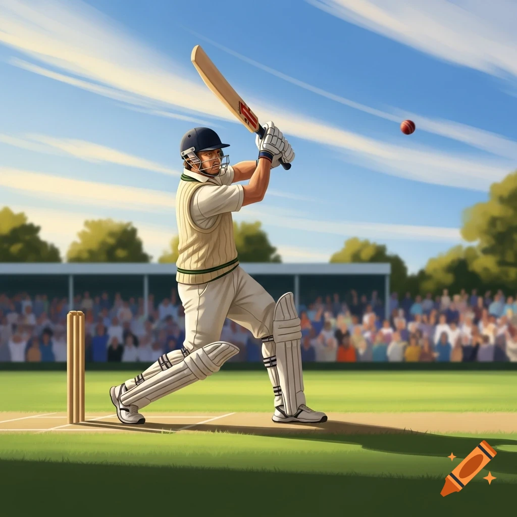 A cricketer in traditional whites hits a red ball with a bat on a green field during a sunny match, with a blurred crowd in the background.