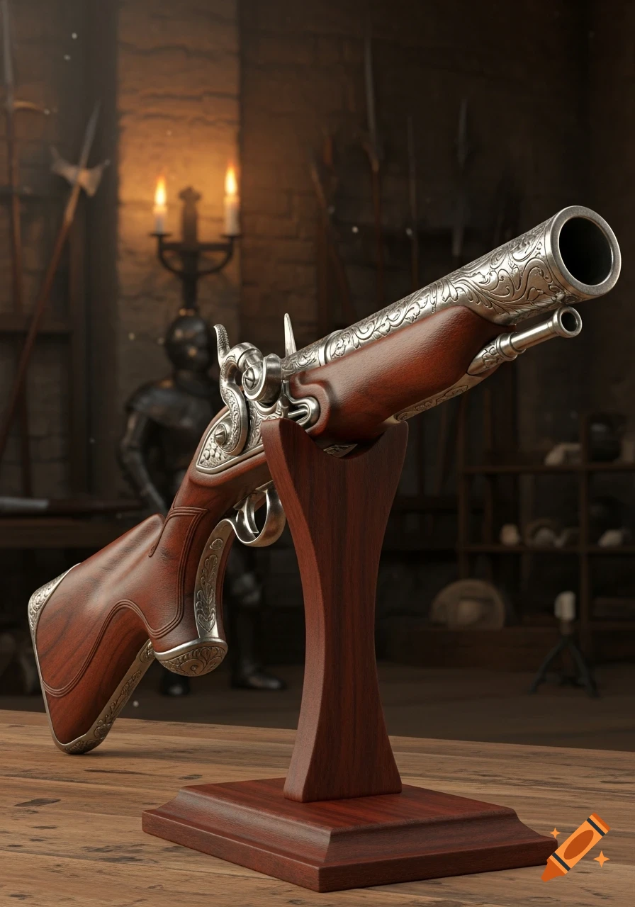 A highly detailed, ornate blunderbuss made of wood and silver metal, displayed on a wooden stand in a dimly lit historical armory.