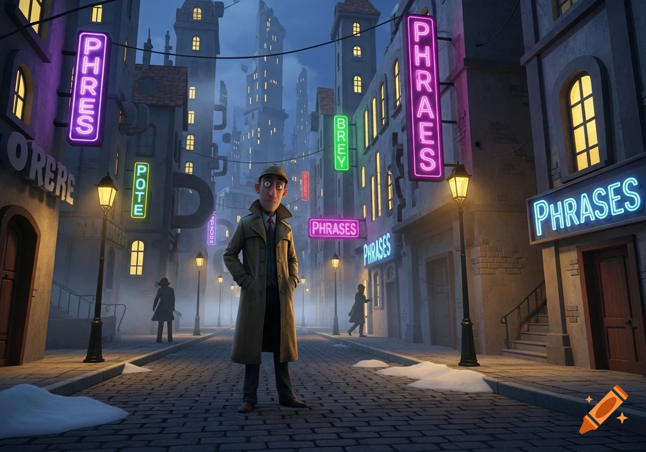 A cartoon detective in a trench coat stands on a cobblestone street at dusk, surrounded by buildings with glowing neon signs.