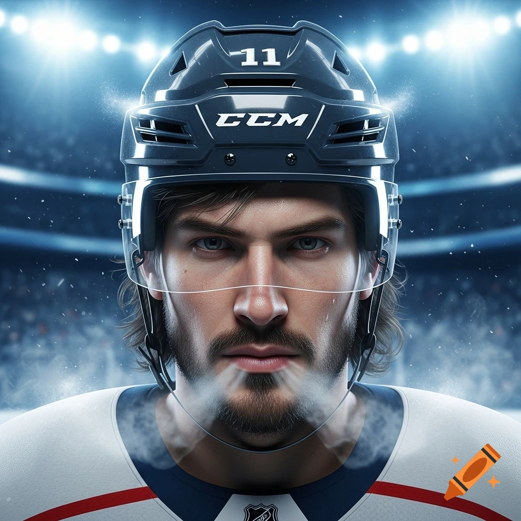 Close-up of a stern hockey player in a helmet, with visible breath in cold air and bright stadium lights in the background.