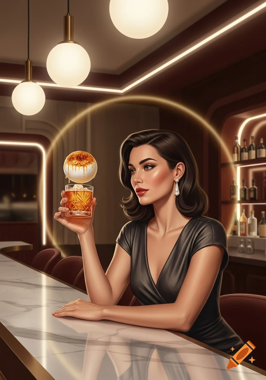 A stylish brunette woman in a black dress holds a cocktail with a creme brulee sphere on top at a modern bar.