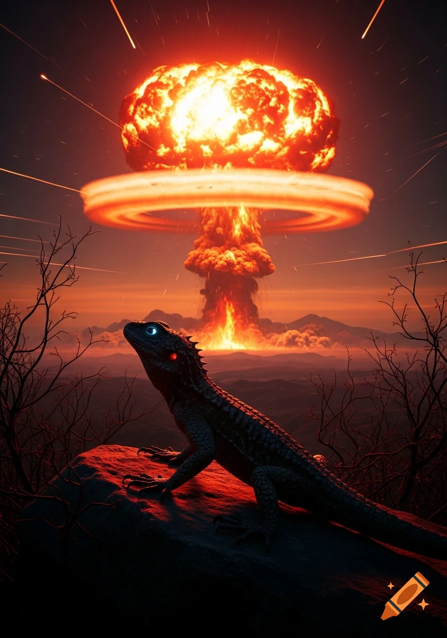 A stylized image of a lizard with glowing eyes on a rock, observing a large nuclear explosion at sunset over a desolate landscape.