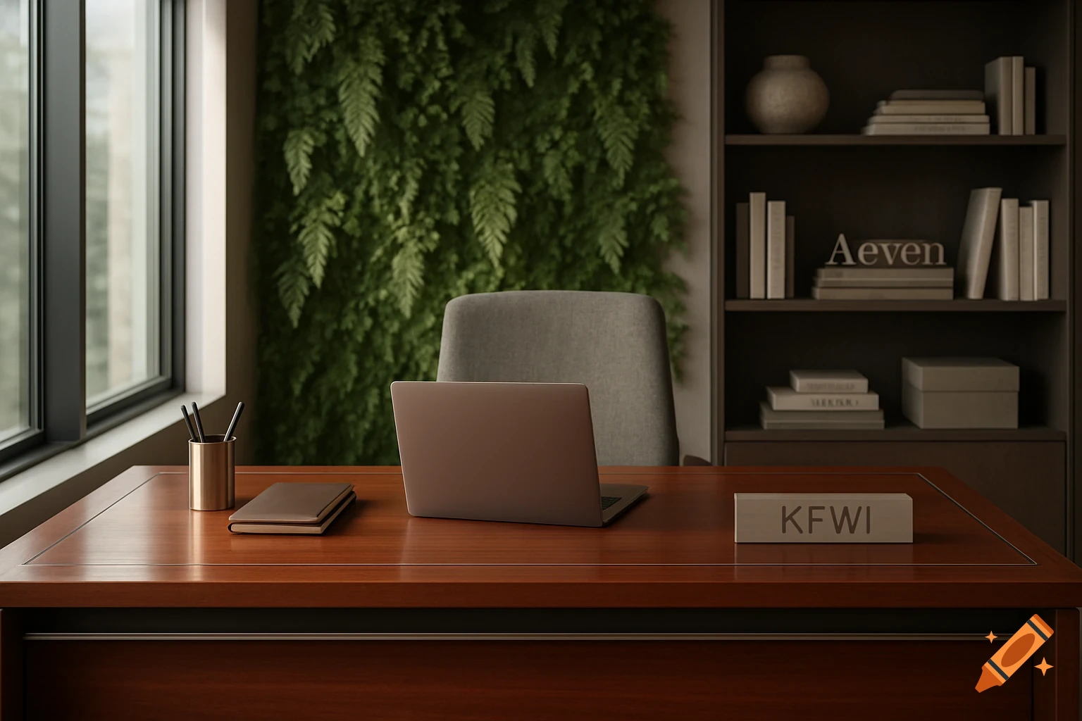 Modern office desk with a laptop, chair, living wall, and bookshelf, featuring name blocks on the desk and shelf.