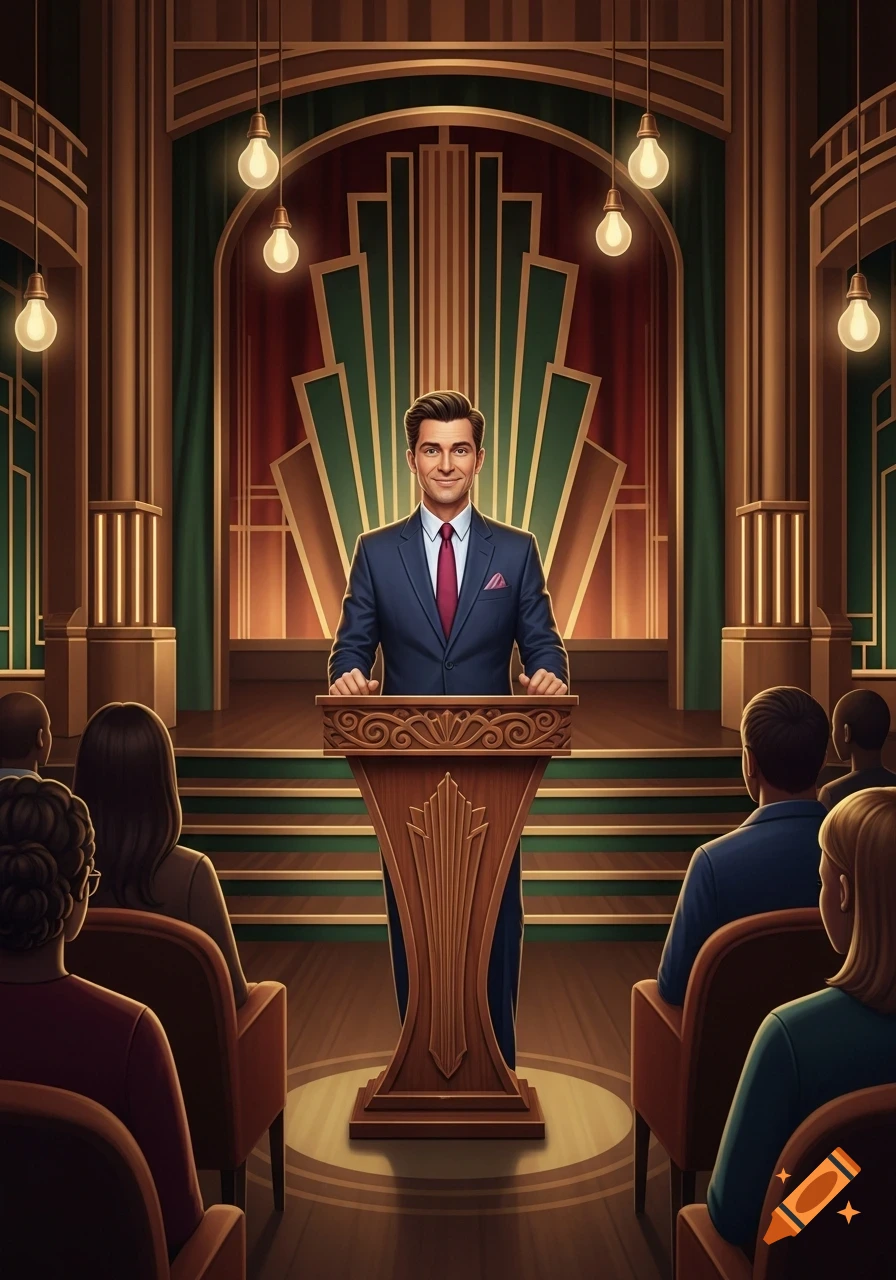 A stylized illustration of a man speaking at an ornate wooden podium in a grand Art Deco hall before an audience.