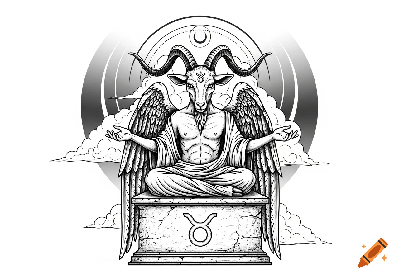Black and white drawing of winged Baphomet meditating on a cracked plinth with the Taurus symbol, against a cloudy sky.