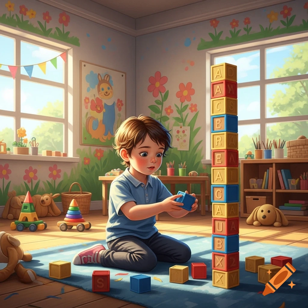 Young boy kneels on a blue rug, stacking colorful alphabet blocks into a tall tower in a bright kindergarten room.
