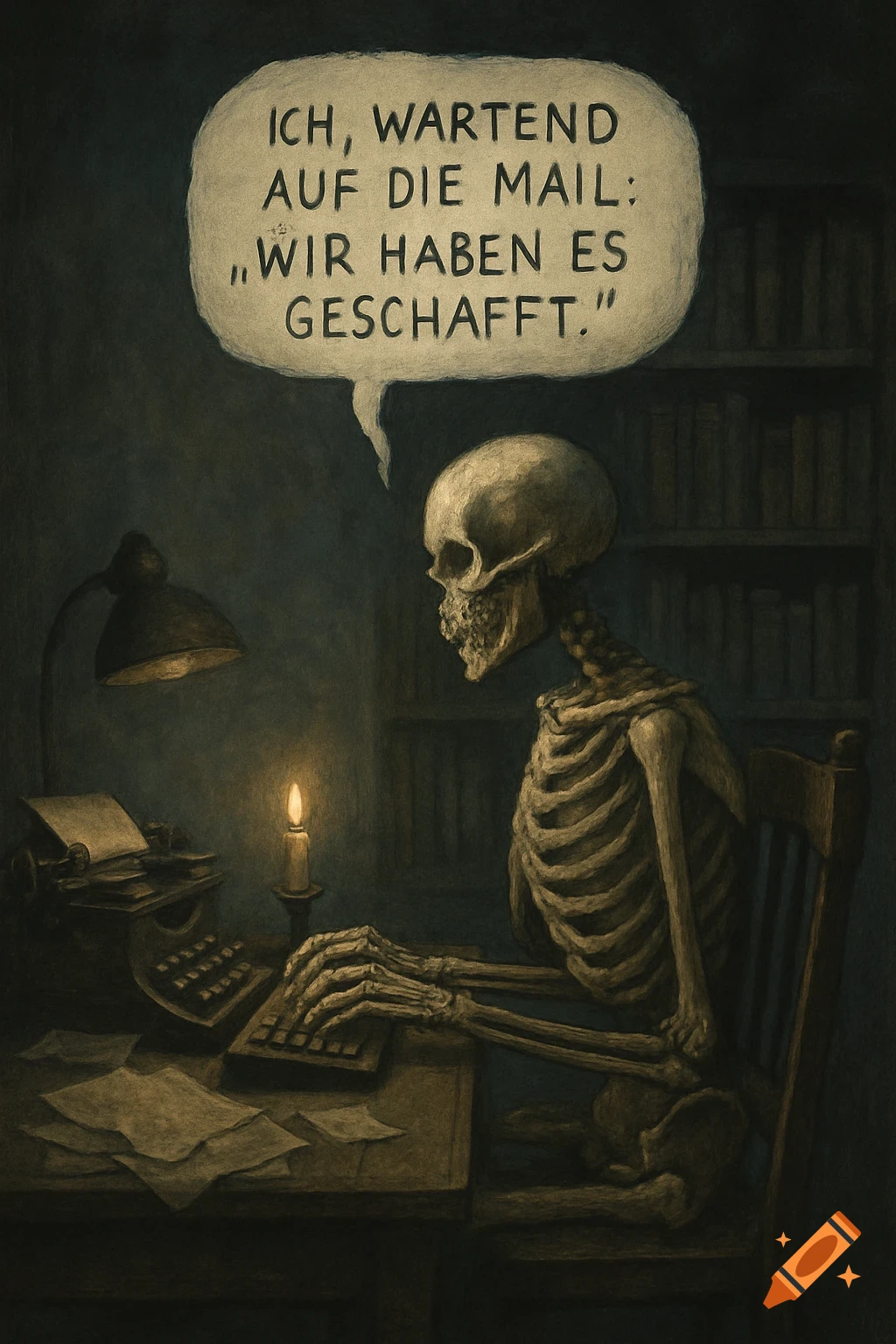 A skeletal figure sits at a desk with a typewriter and candle in a dark, painterly scene, thinking, 'I, waiting for the email: 'We made it.''