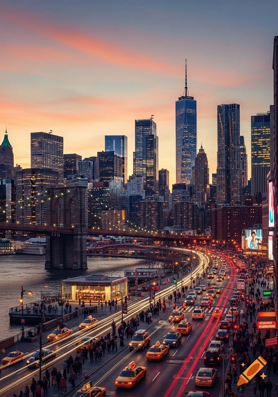 Photorealistic image of New York City skyline at dusk, with the Brooklyn Bridge and busy streets filled with traffic trails.