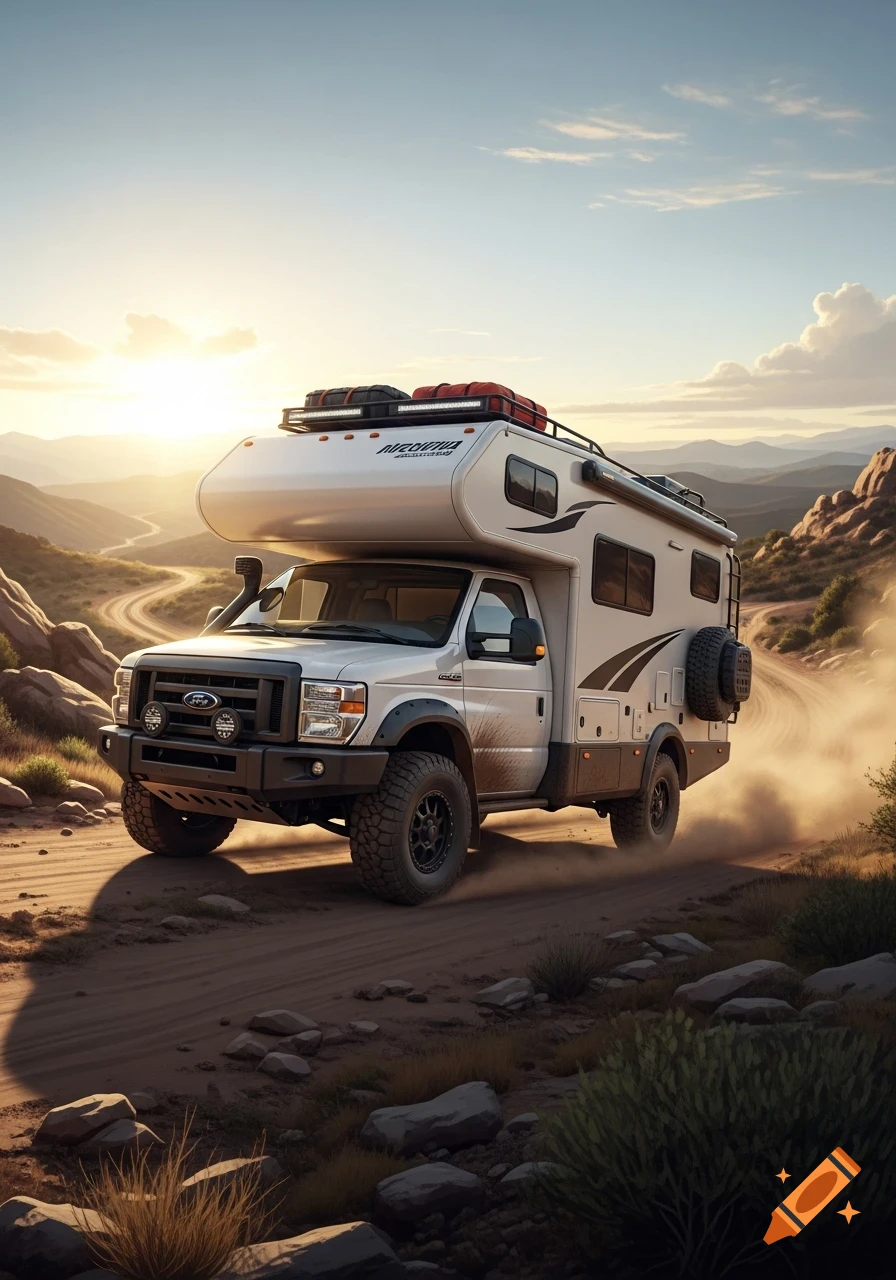 A white 4x4 camper van kicks up dust on a dirt road in a desert landscape during sunset, photorealistic.
