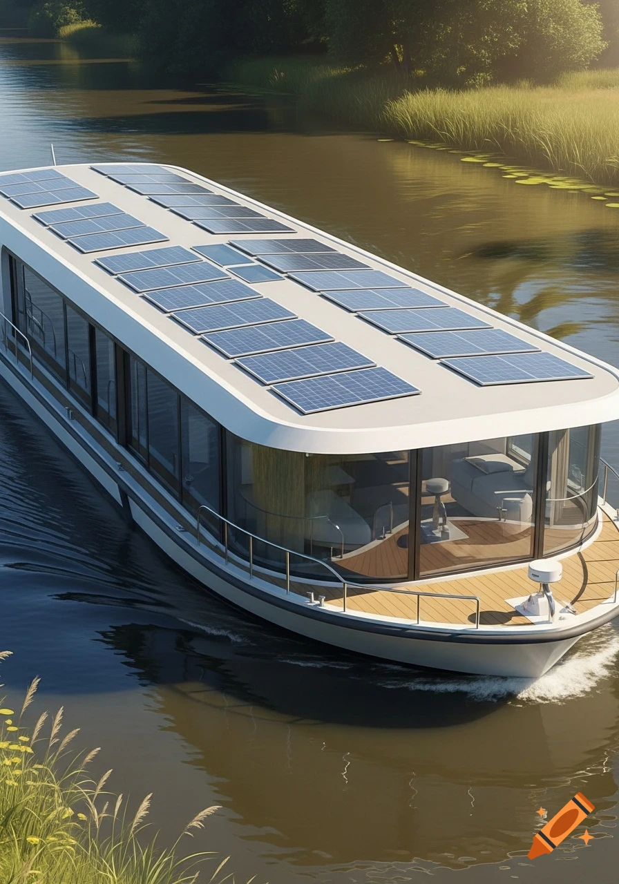 A modern white houseboat with solar panels on its roof cruises on a calm river with green banks.