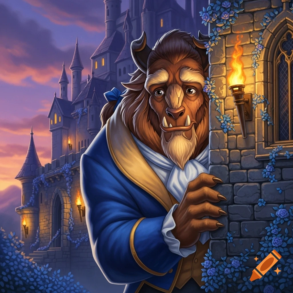 The Beast from Beauty and the Beast peeks from behind a stone castle wall adorned with blue roses at sunset, in an illustrated style.