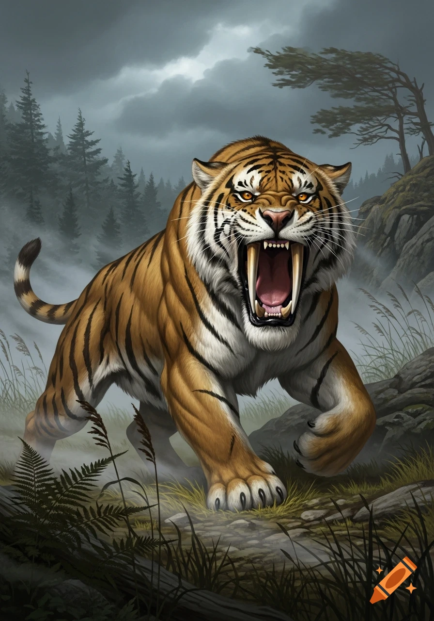 An illustration of a growling saber-toothed tiger lunging forward in a dark, misty forest.