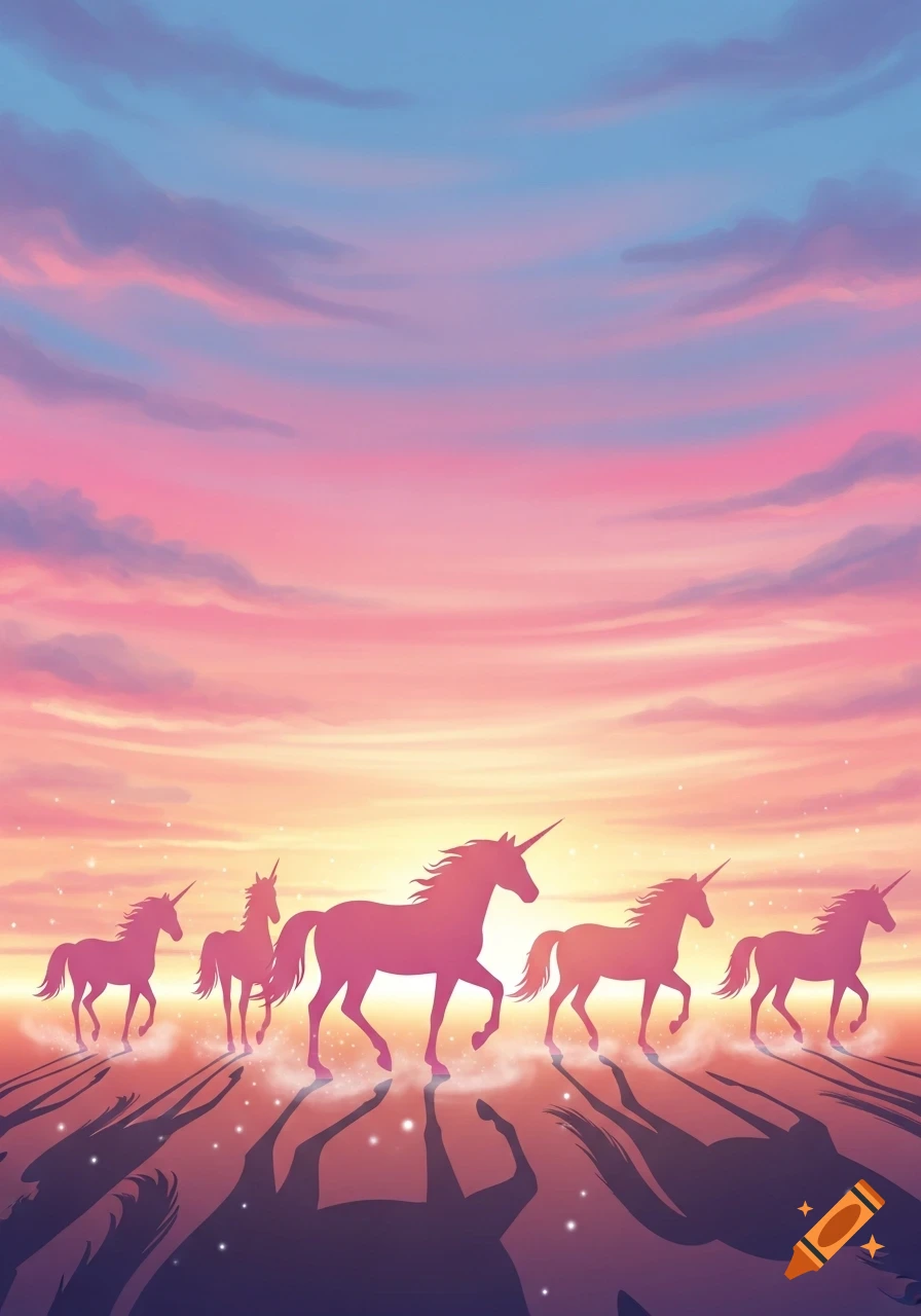 Pink unicorn silhouettes walk across a glowing landscape under a vibrant pink and blue sunset sky in a stylized illustration.