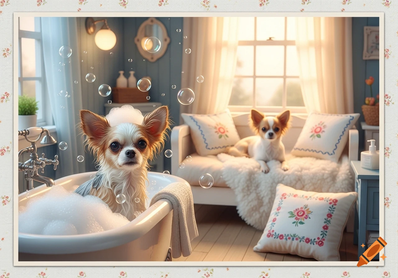 A photorealistic chihuahua bathing in a tub while another lounges on a fluffy bed in a sunny bathroom.