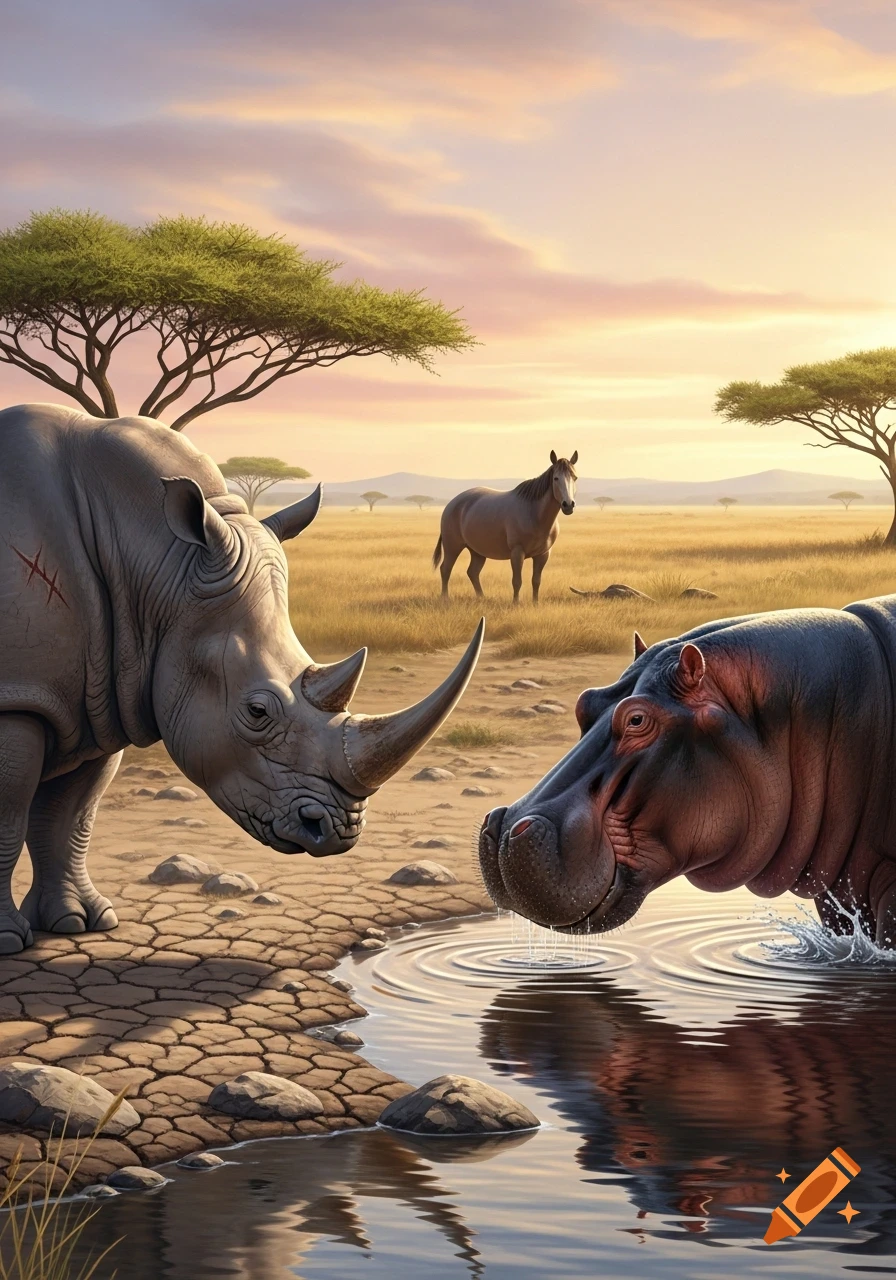 A rhinoceros and a hippopotamus at a waterhole in an African savanna, with a horse in the background.