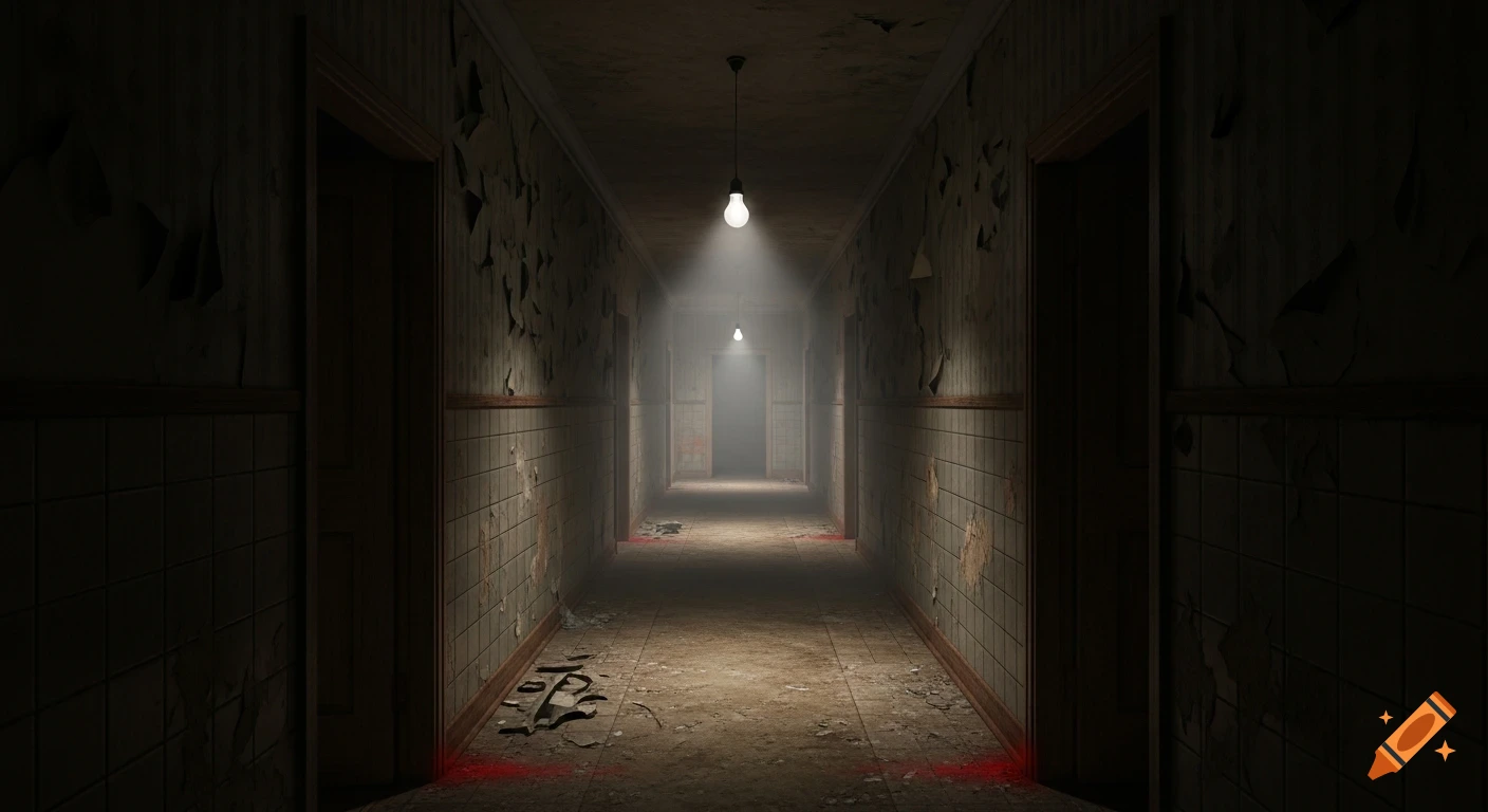A long, dark, abandoned hallway with peeling wallpaper, dirty floor, and a single light bulb creating an eerie, foggy atmosphere.