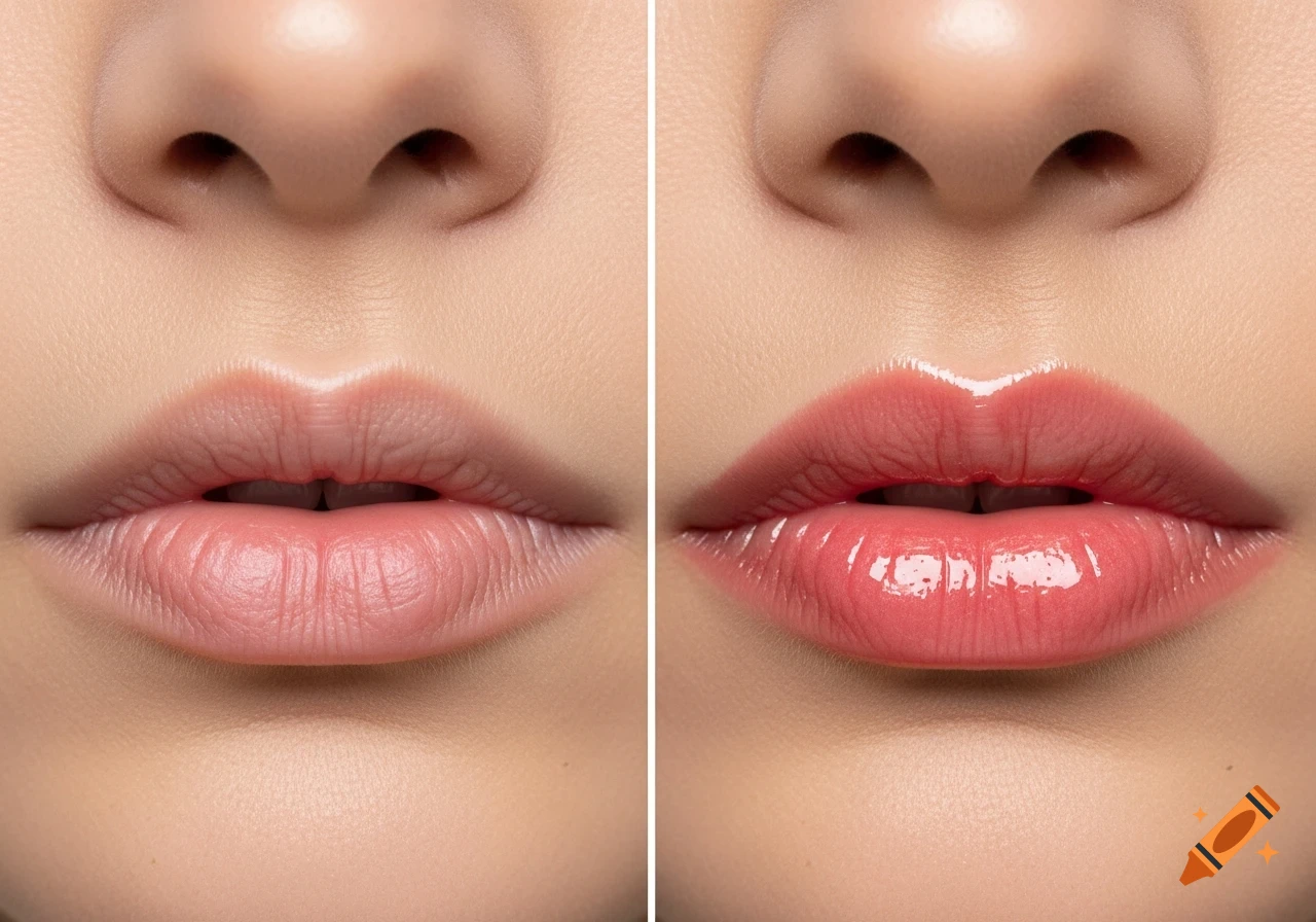 Close-up comparison of a person's nose and lips, with natural, matte lips on the left and glossy, plumped lips on the right.