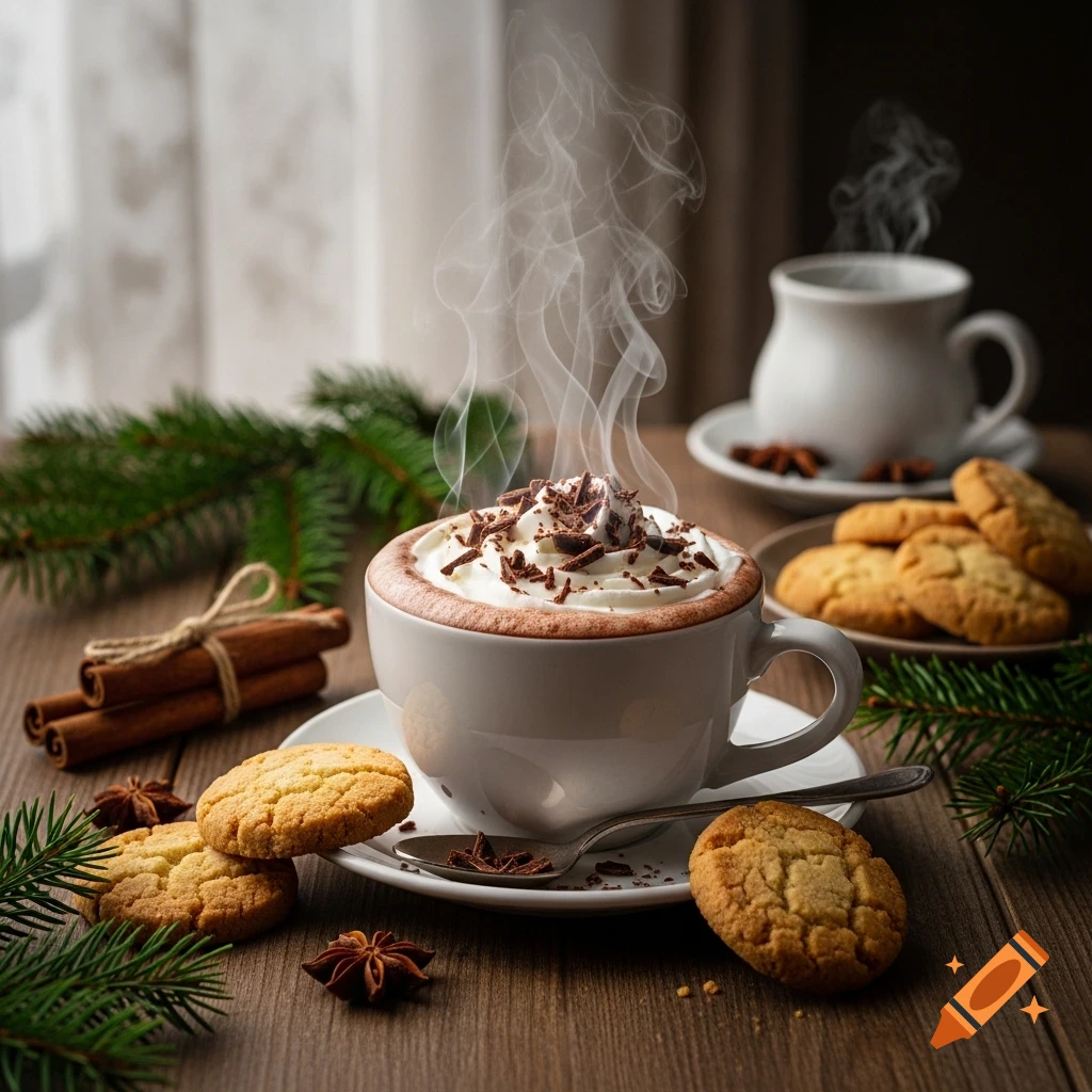 Steaming mug of hot chocolate with whipped cream and chocolate shavings, surrounded by cookies, cinnamon sticks, star anise, and pine branches on a wooden table, photorealistic.