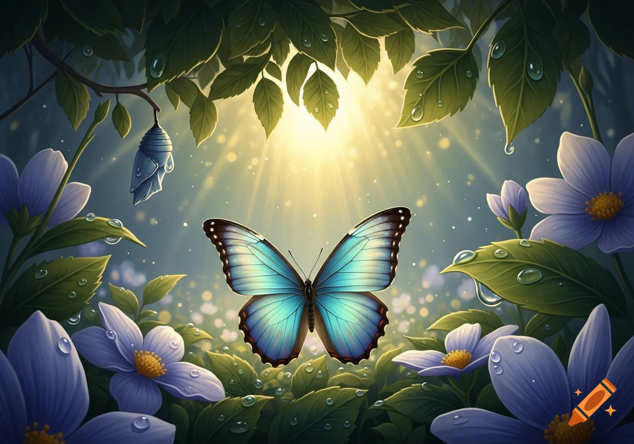 A stylized blue butterfly with open wings among purple flowers and dewy green leaves, bathed in golden sunlight, with a chrysalis hanging from a branch.