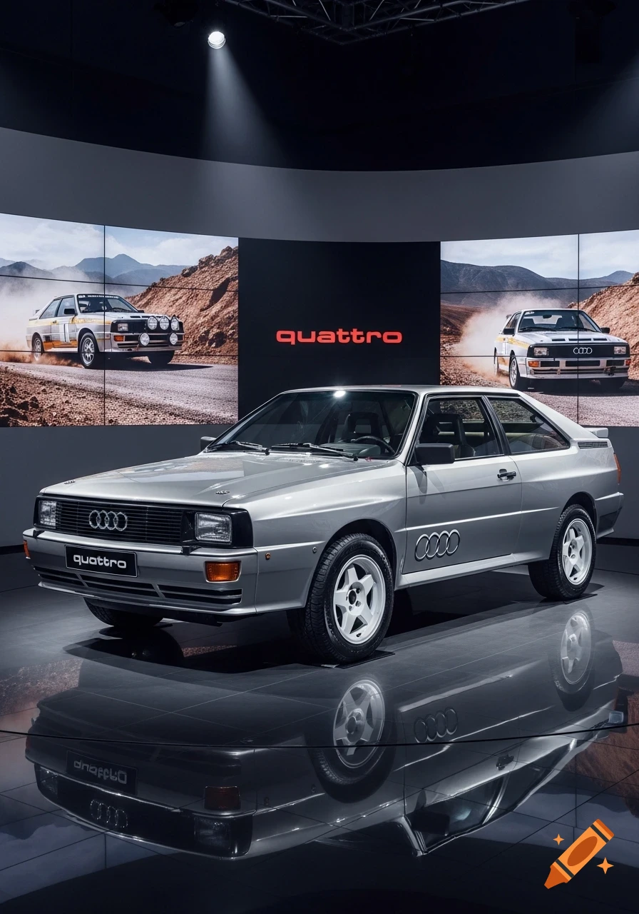A silver 1980s Audi Quattro coupe on display in a modern showroom with screens showing rally cars, reflected on a polished floor.