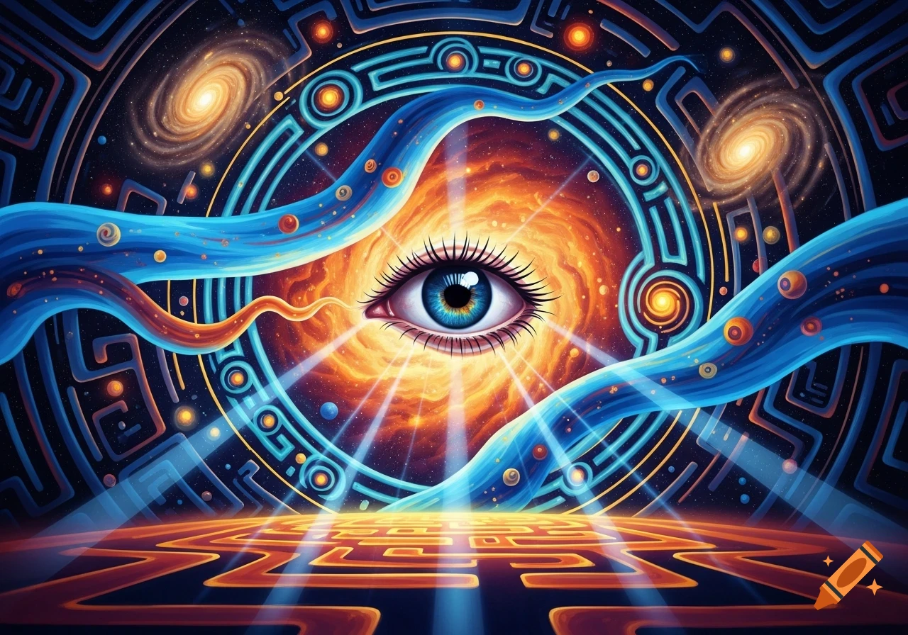 A vibrant, surreal cosmic eye with a blue iris, surrounded by orange galaxies, flowing blue patterns, and glowing light rays.