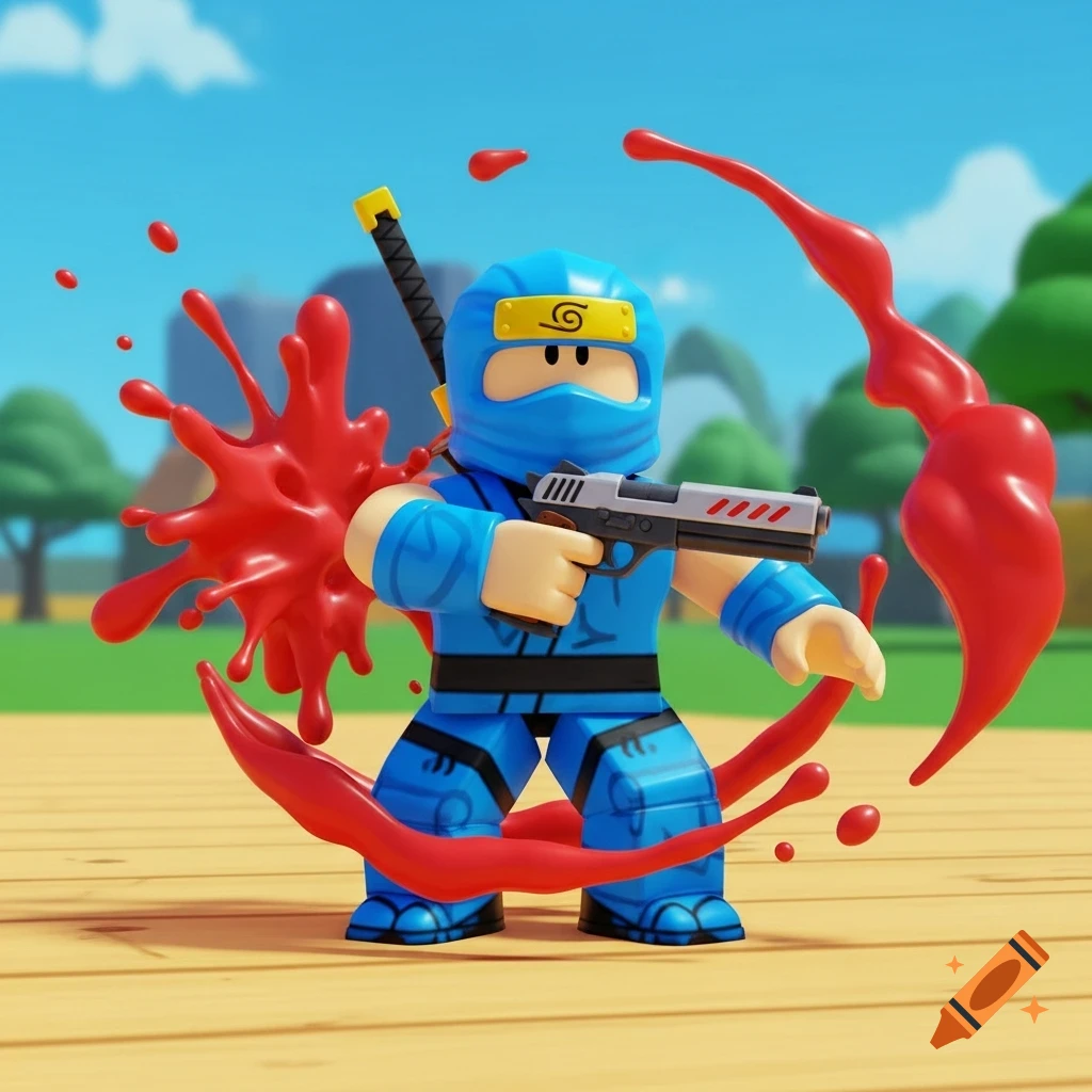 A Roblox-style ninja character in blue, holding a pistol, stands amidst stylized red paint splashes on a wooden ground, with a cartoon sky and trees in the background.