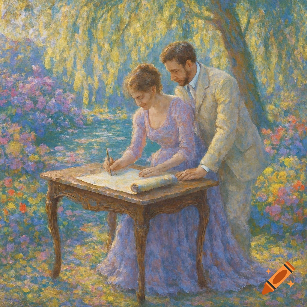 An impressionist painting depicting a man and woman signing a document at a wooden table in a vibrant, flower-filled garden.