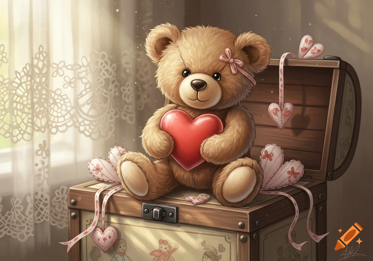 A fluffy brown teddy bear with a pink bow sits on a wooden chest, holding a bright red heart, surrounded by small heart ornaments and a lace curtain.
