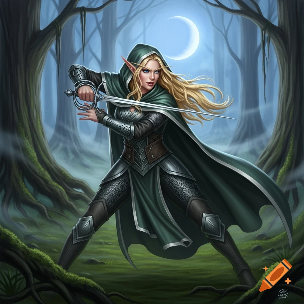 A blonde female elf warrior in green and silver armor holds a sword in a moonlit mystical forest, digital art.