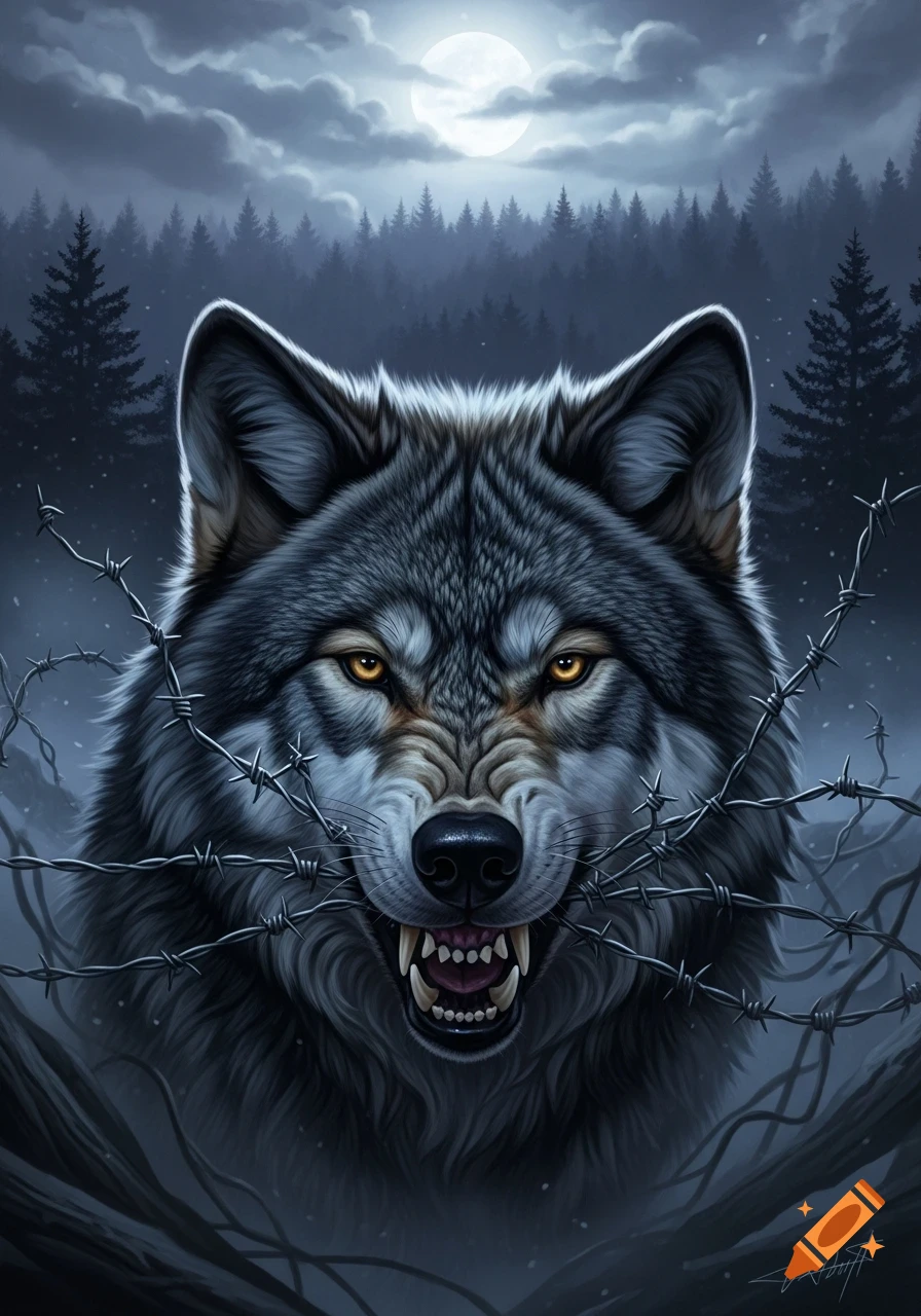 A stylized illustration of a snarling wolf with yellow eyes and bared teeth, wrapped in barbed wire, against a misty forest under a full moon.