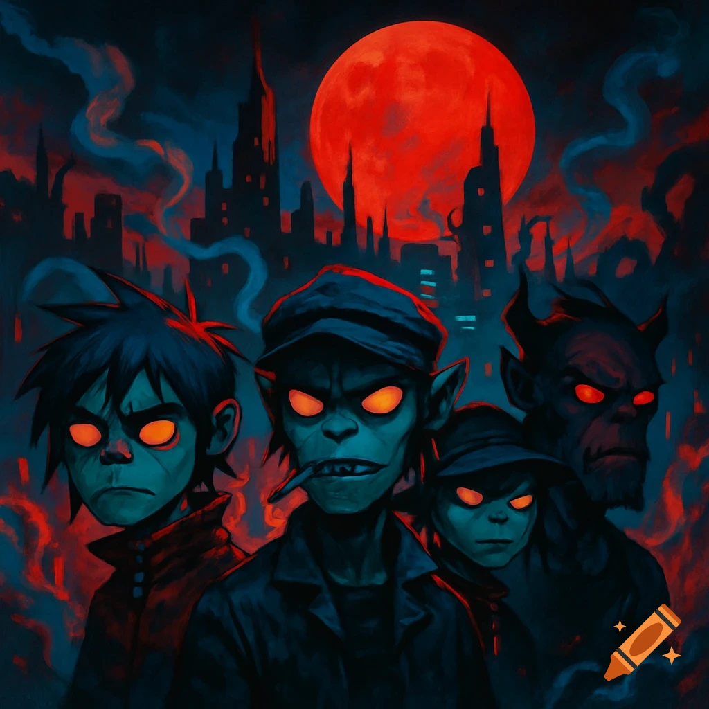 Dark illustration of four stylized figures with glowing red eyes against a city skyline under a red moon.