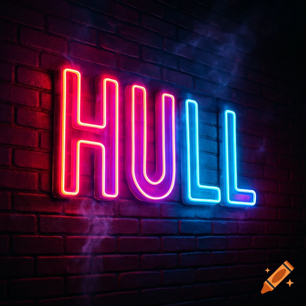 A vibrant neon sign spelling out the word "HULL" in glowing pink and blue letters, mounted on a dark brick wall.