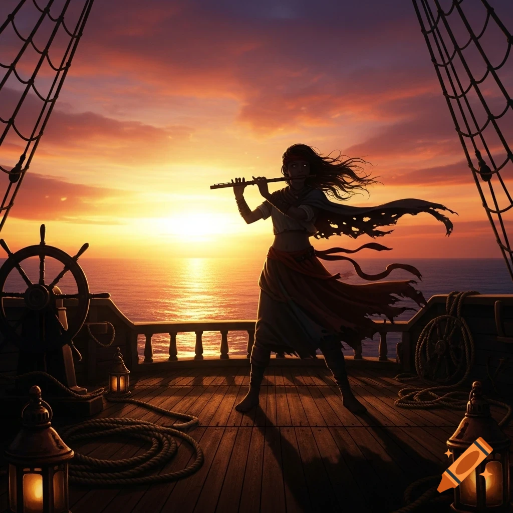 A silhouette of a girl playing a flute on a pirate ship deck at sunset, with vibrant orange and purple skies.